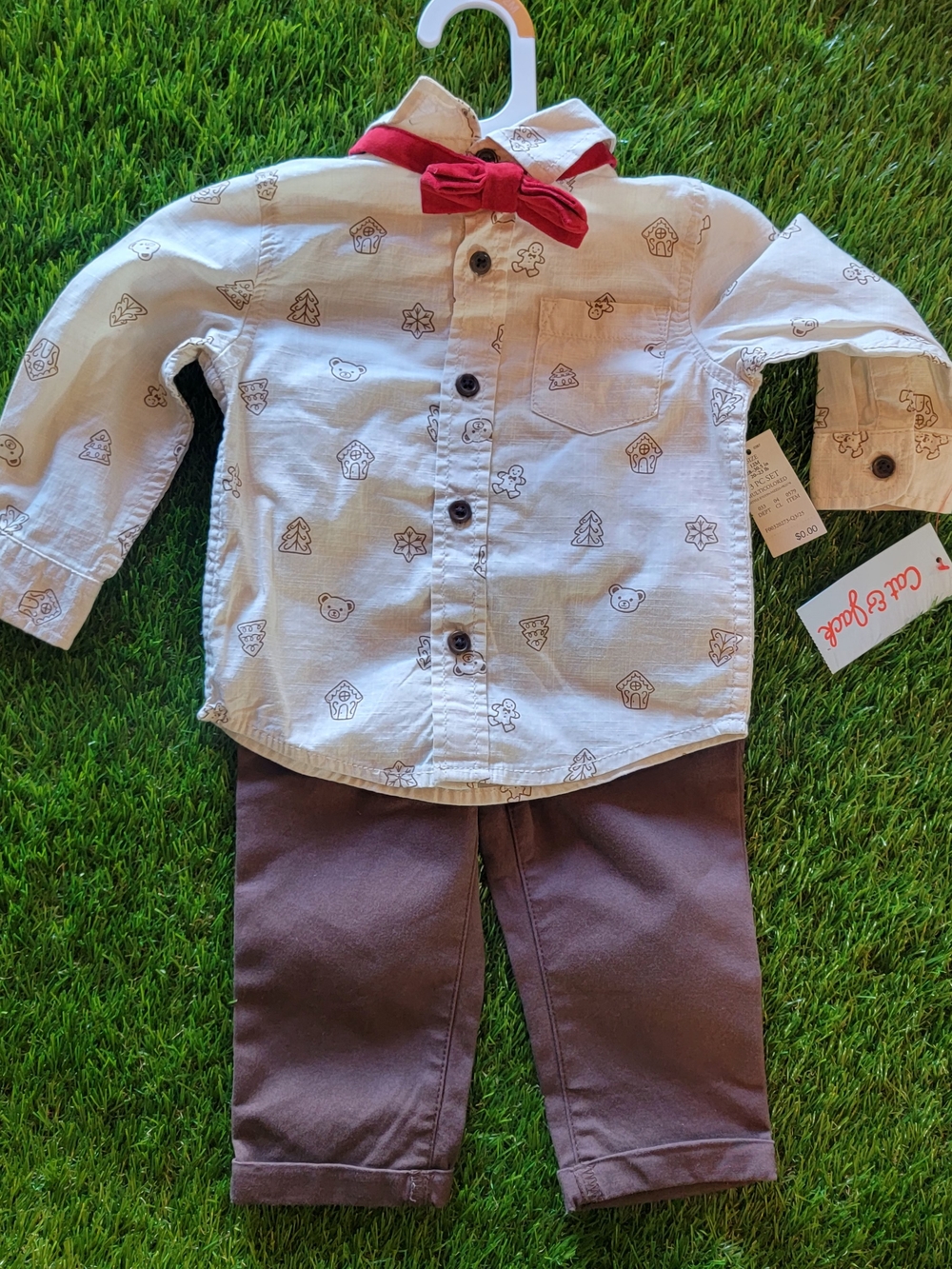 Cat & Jack 3pc Set Cream Button-Down Shirt/pants & Bow Tie 12m